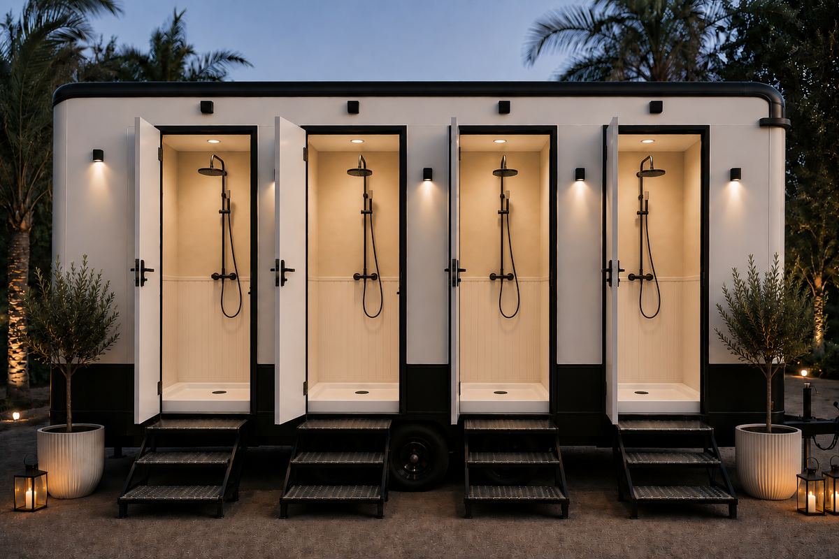 Interior view of the four-cubicle toilet trailer, lit