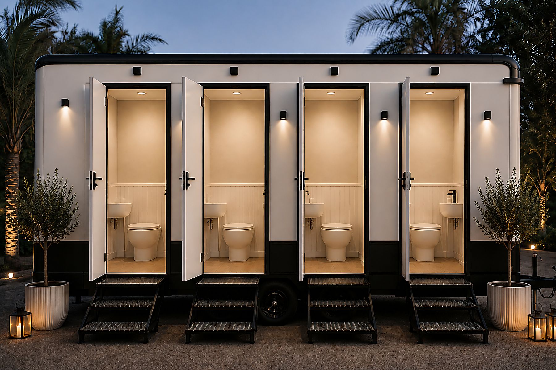 Interior view of the four-cubicle shower trailer, lit